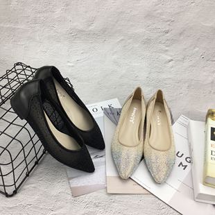 凤飞飞女鞋2025春夏季新款真皮平跟单鞋内增高网纱透气尖头时尚鞋
