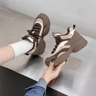 冰洁女鞋2023冬季款运动鞋真皮平跟加绒系带厚底老爹休闲鞋51-373