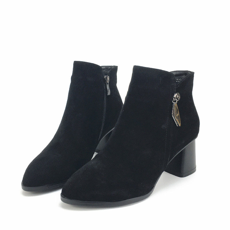 凤飞飞女靴2021冬季新款短靴真皮磨砂皮侧拉链加绒欧美时装靴2228