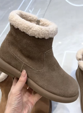 冰洁女鞋2023冬季新款雪地靴真皮磨砂皮平跟侧拉链加绒棉靴98951