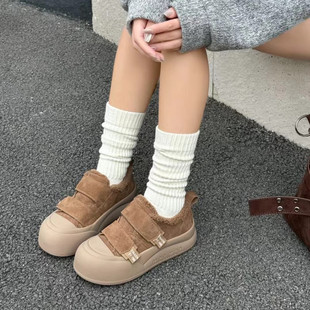 冰洁女鞋2024冬季新款板鞋真皮平跟厚底加绒系带休闲鞋学生运动鞋