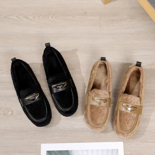 冰洁女鞋2024冬季新款毛毛鞋平跟圆头保暖乐福鞋软底豆豆鞋98823