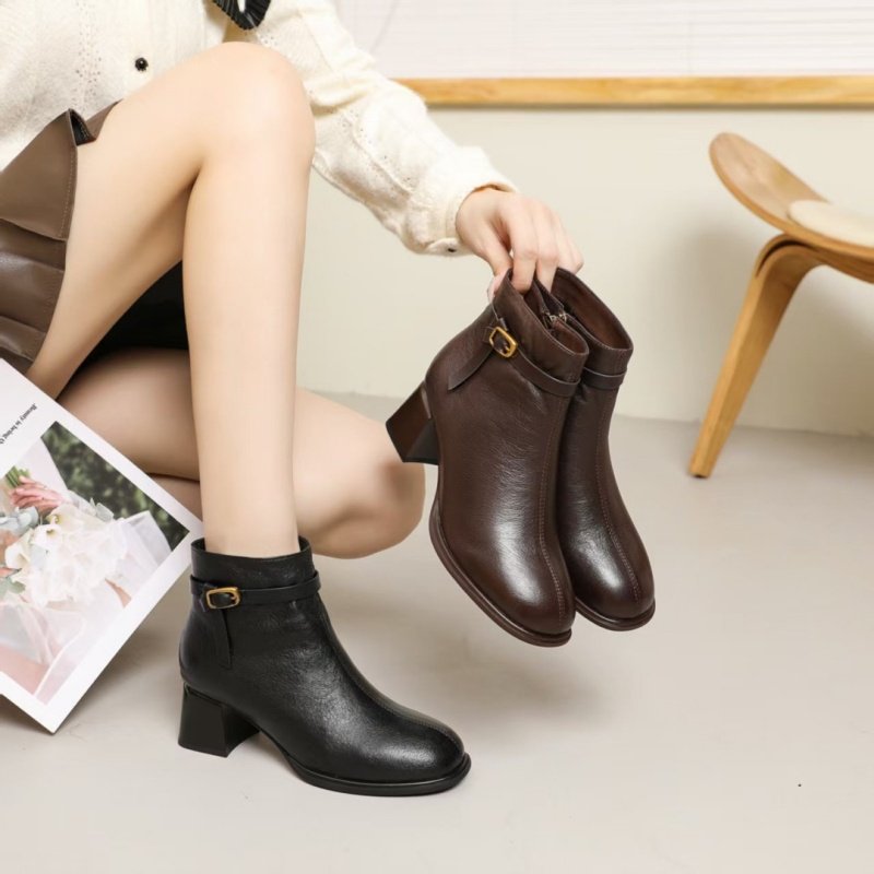 冰洁女靴2025冬季新款短靴真皮中跟粗跟圆头加绒工作棉靴2530-45