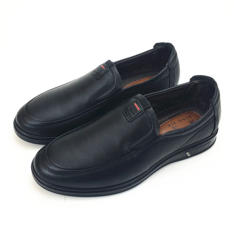 冰洁男鞋2019冬季新款真皮平跟加绒棉皮鞋软底薄绒商务休闲鞋牛皮