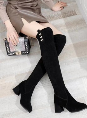 冰洁女靴2024秋冬新款过膝长筒靴真皮中跟粗跟瘦瘦靴时装鞋98819