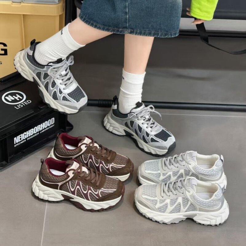 冰洁女鞋2025秋季新款单鞋运动鞋真皮网面平跟系带韩版休闲老爹鞋