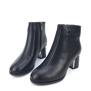 冰洁女鞋2024冬季新款靴子真皮马丁靴中跟粗跟短靴圆头侧拉链棉靴