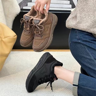 冰洁女鞋2024冬季新款运动鞋真皮平跟系带加绒韩版舒适休闲89-67