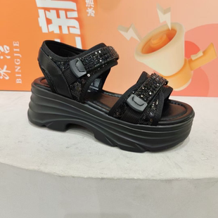 冰洁女鞋2025夏季新款凉鞋真皮厚底松糕鞋露趾水钻休闲鞋潮99918