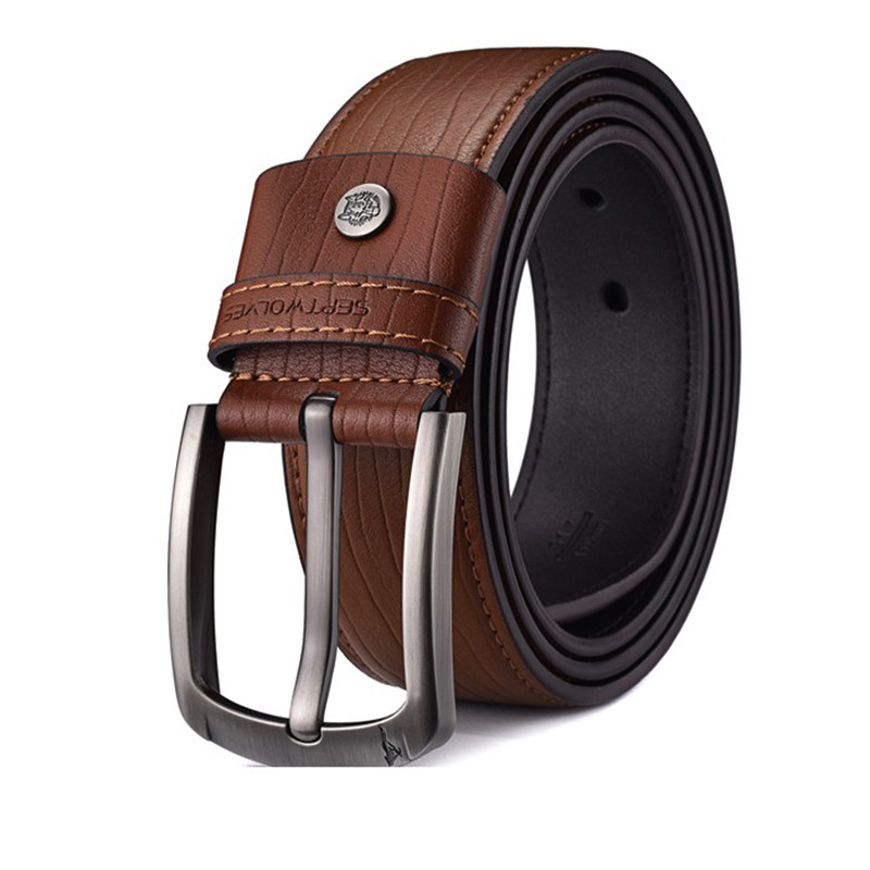 七匹狼皮带男老式真皮针扣纯牛皮中老年人洞眼日字扣腰带棕黄色款