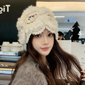 仿兔毛皮草帽女冬季 韩版 防寒手工钩针百搭花朵镂空包头冷帽显脸小