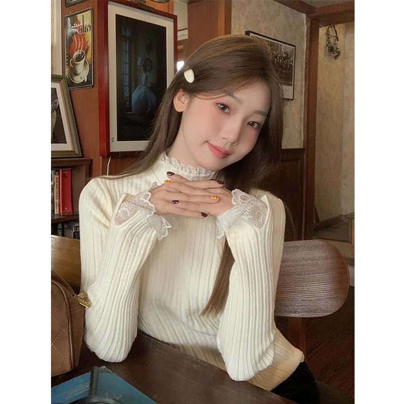 2025春季流行半高领蕾丝拼接打底衫女绝美内搭上衣肌理感针织毛衣