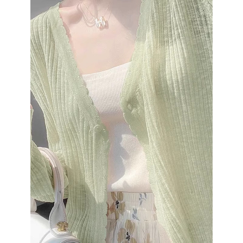 薄荷漫波绿色夏季针织开衫女夏季外搭薄款罩衫冰丝空调衫上衣外套