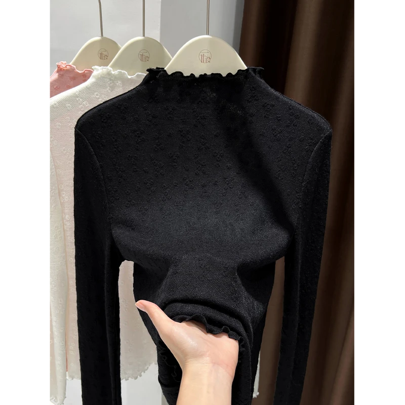 木耳边半高领羊毛针织衫秋冬叠穿内搭小衫粉色毛衣打底衫女高级感