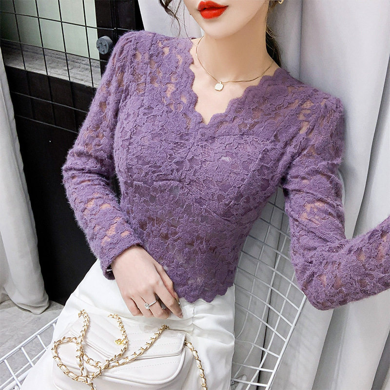 v领蕾丝打底衫女装春夏百内搭衬衫洋气网纱薄款修身长袖短款上衣