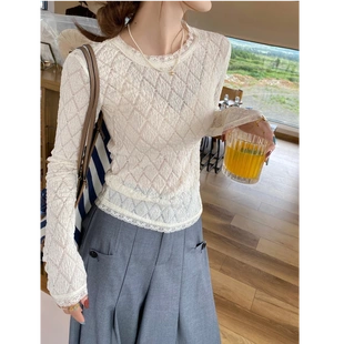 2025早秋新款女性针织圆领长袖白色蕾丝打底内搭T恤彰显优雅高级