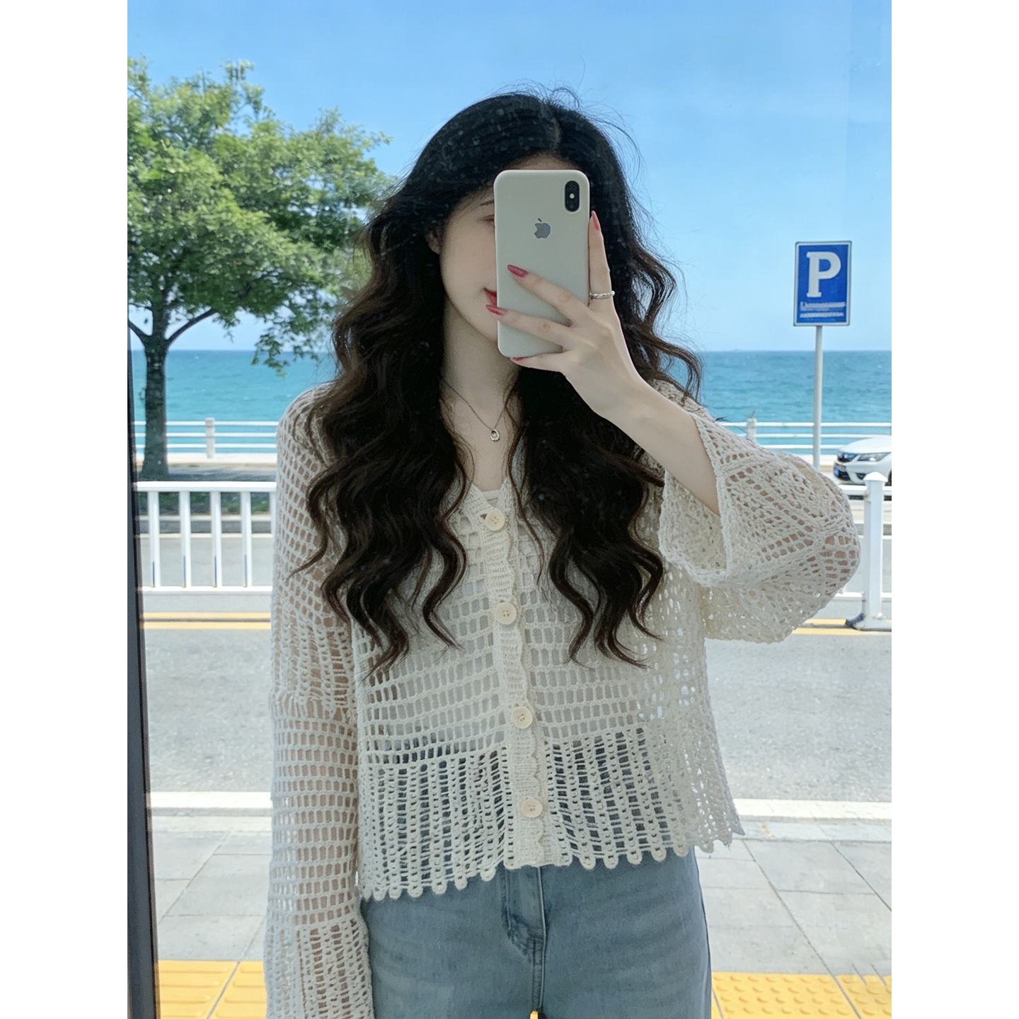 大码v领镂空防晒开衫女夏季薄罩衫胖mm配吊带裙的小外搭针织上衣