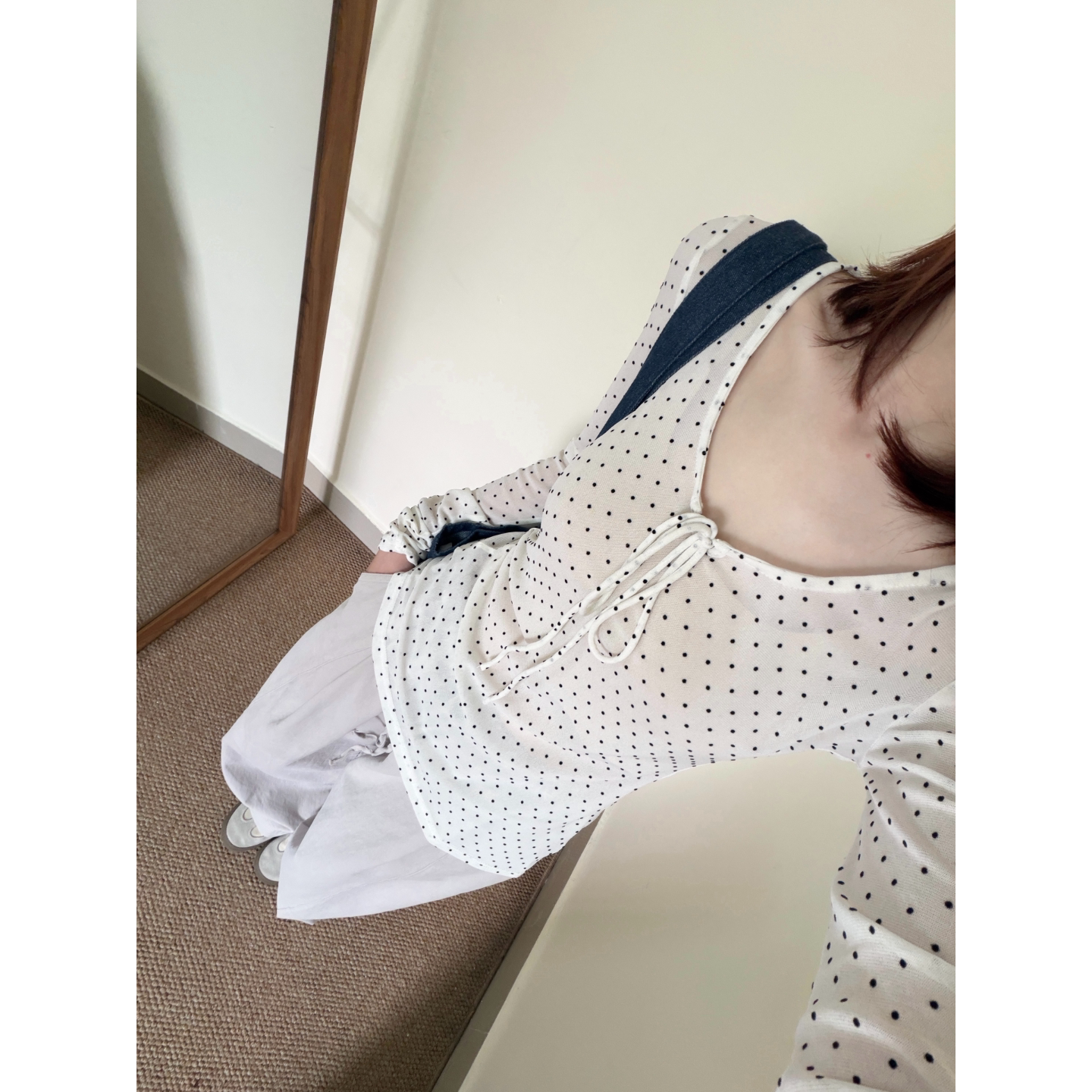 韩系甜美波点长袖网纱罩衫女夏季防晒薄款微透叠穿T恤设计感上衣