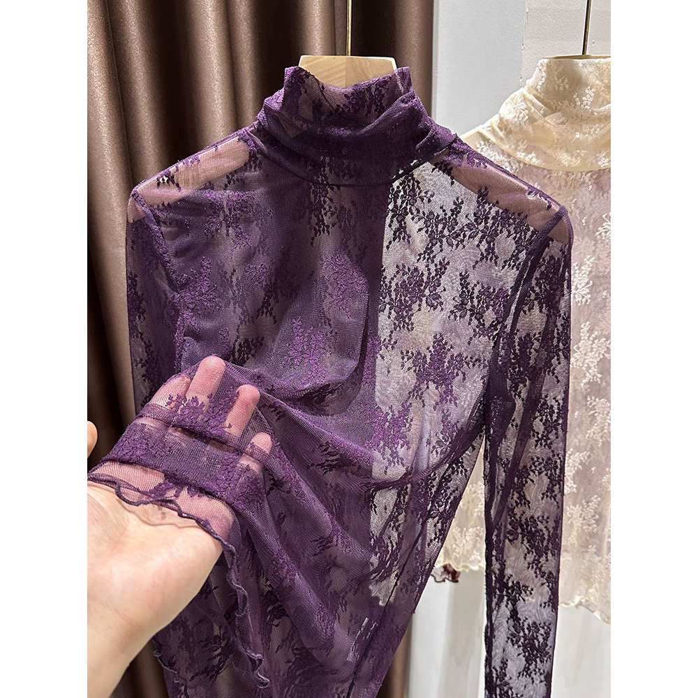 紫色堆堆高领蕾丝打底衫女秋冬新款洋气透明纱衣叠穿内搭网纱上衣
