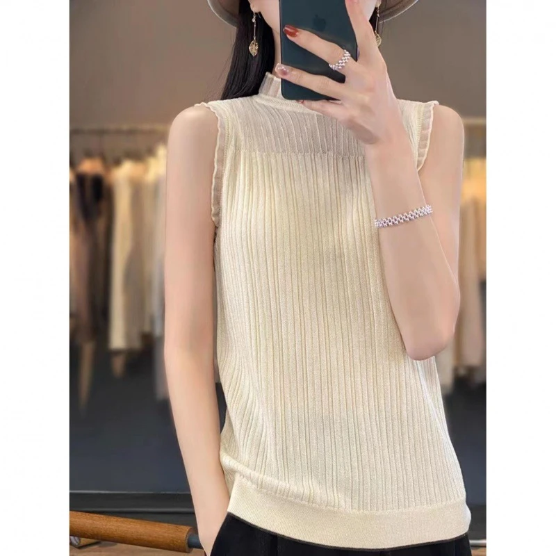 镂空法式花边领背心女春秋网纱半高领打底衫修身蕾丝内搭无袖上衣