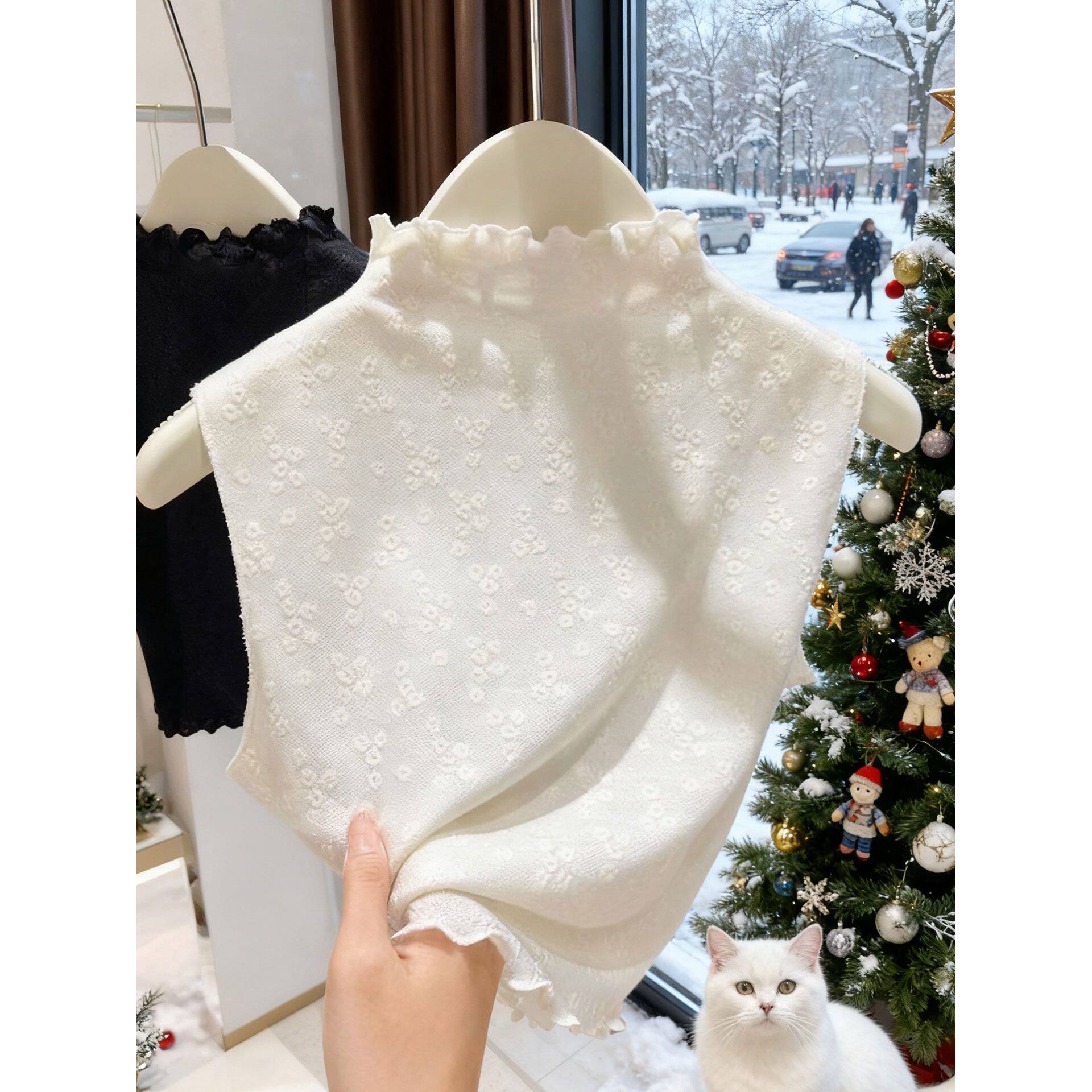 秋冬蕾丝假领子打底衫女半高领内搭叠穿小背心无袖百搭木耳边上衣
