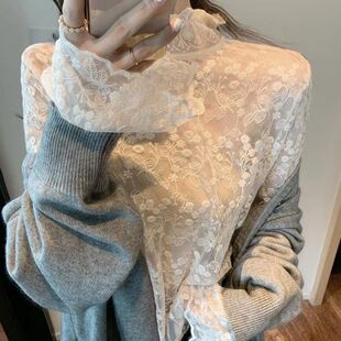 大码胖mm蕾丝打底衫女高领内搭洋气网纱喇叭袖上衣宽松长袖蕾丝衫
