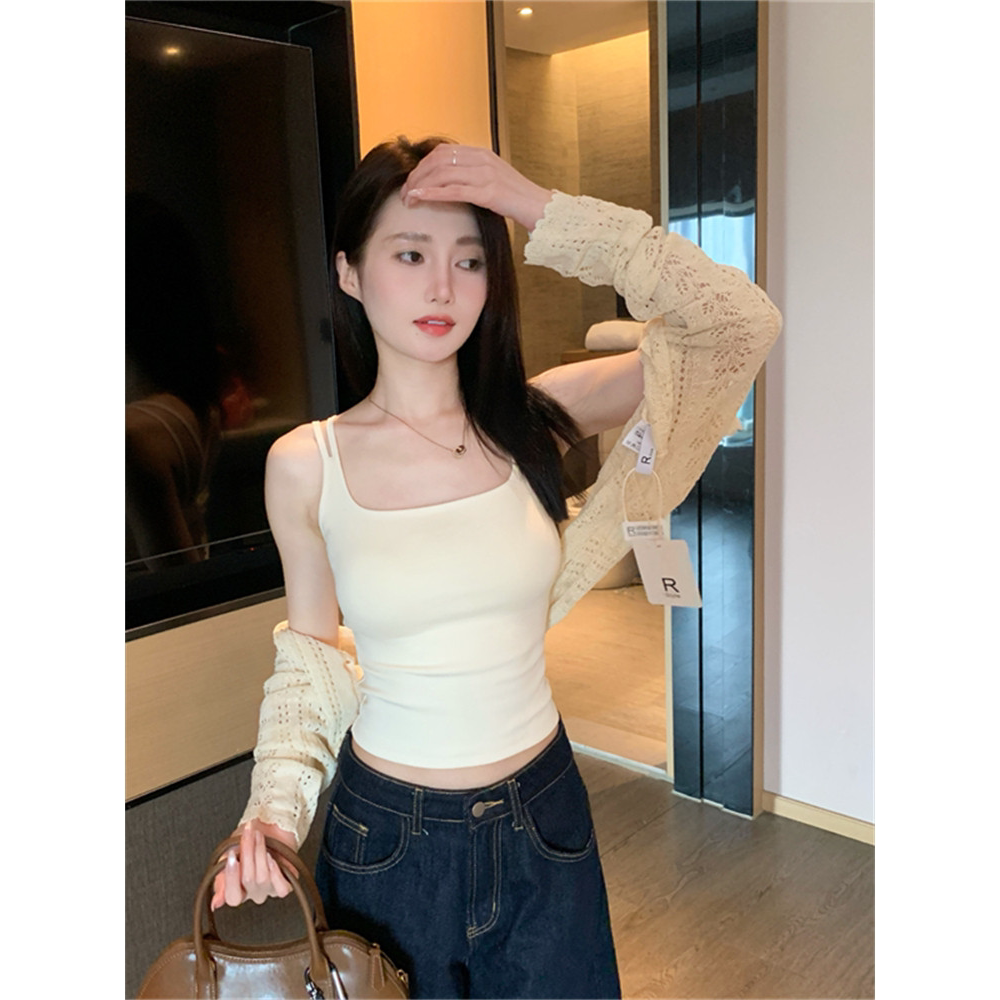 夏季甜辣妹镂空蝴蝶结吊带背心女内搭带胸垫美背裹胸短款外穿上衣