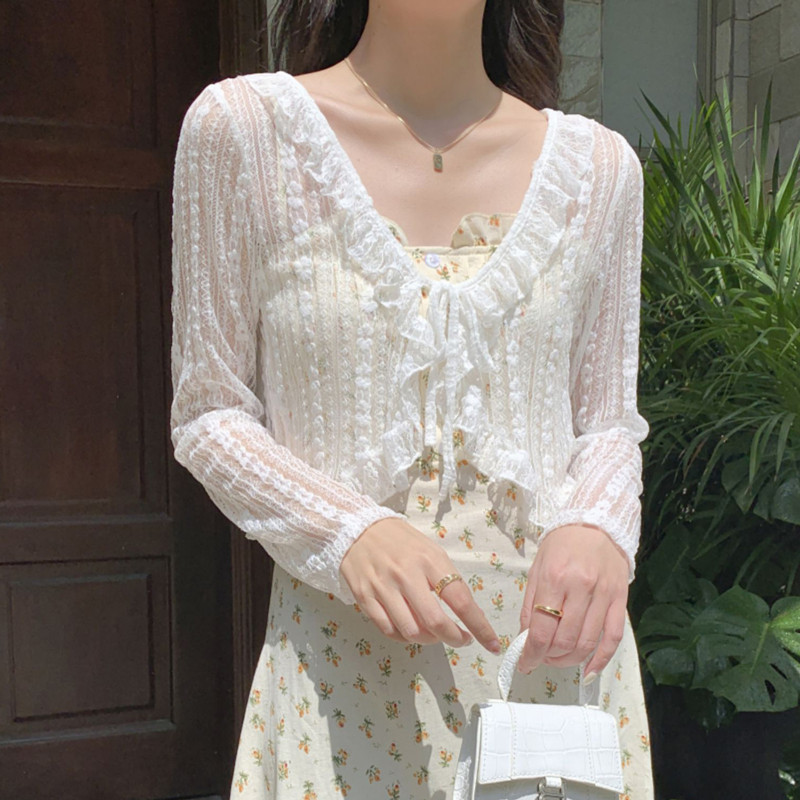 小披肩夏季配裙子超仙长袖镂空短款外套女蕾丝防晒开衫网纱薄上衣