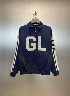 实体现货 Galliano Landor 蓝色水洗做旧金扣字母Polo卫衣
