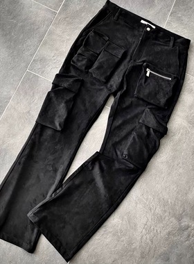 实体现货 Galliano Landor 黑色麂皮绒多口袋机能微喇工装长裤