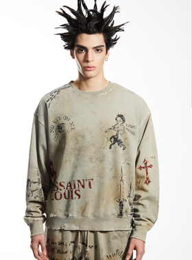 实体现货 Sssaint Louis  脏染白涂鸦满印花套头卫衣