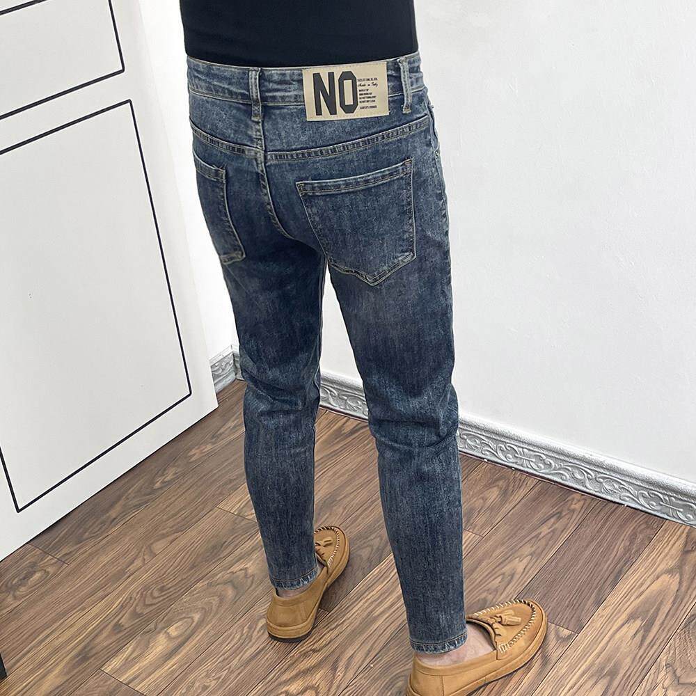 轻奢男小脚秋冬潮流痞帅九分小直筒潮牌新款深蓝色高端修身牛仔裤