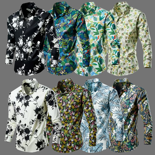 纯棉花衬衣痞帅黑白花纹衣服男宽松大码花色印花长袖衬衫打底潮流