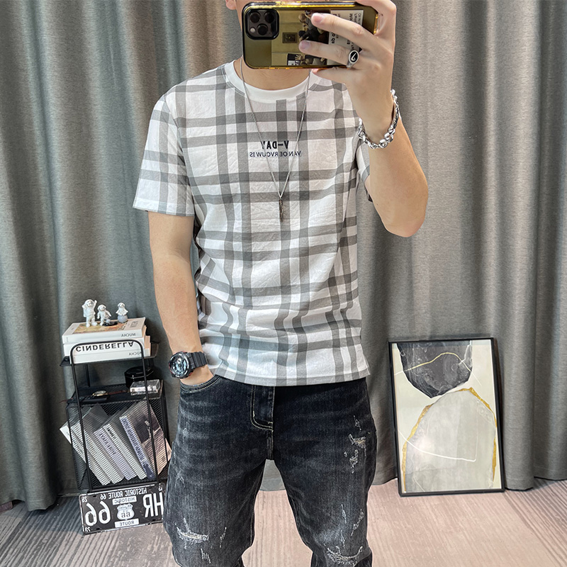 潮牌格子短袖t恤男天丝棉麻半袖上衣夏季麻料衣服修身亚麻体恤衫