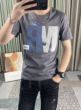 夏季新款短袖T恤男贴布绣字母