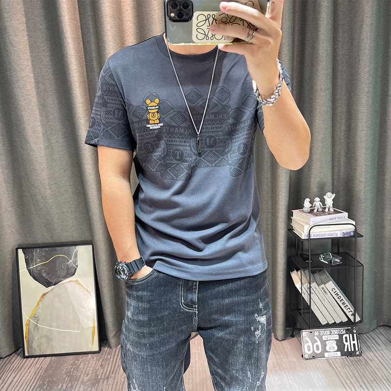 潮牌男春夏新款男士卡通印花半截袖打底衫丝绒上衣加厚短袖t恤潮