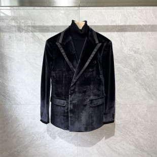 轻奢秋季潮流黑色百搭丝绒双排扣时尚西装外套商务休闲男士西服