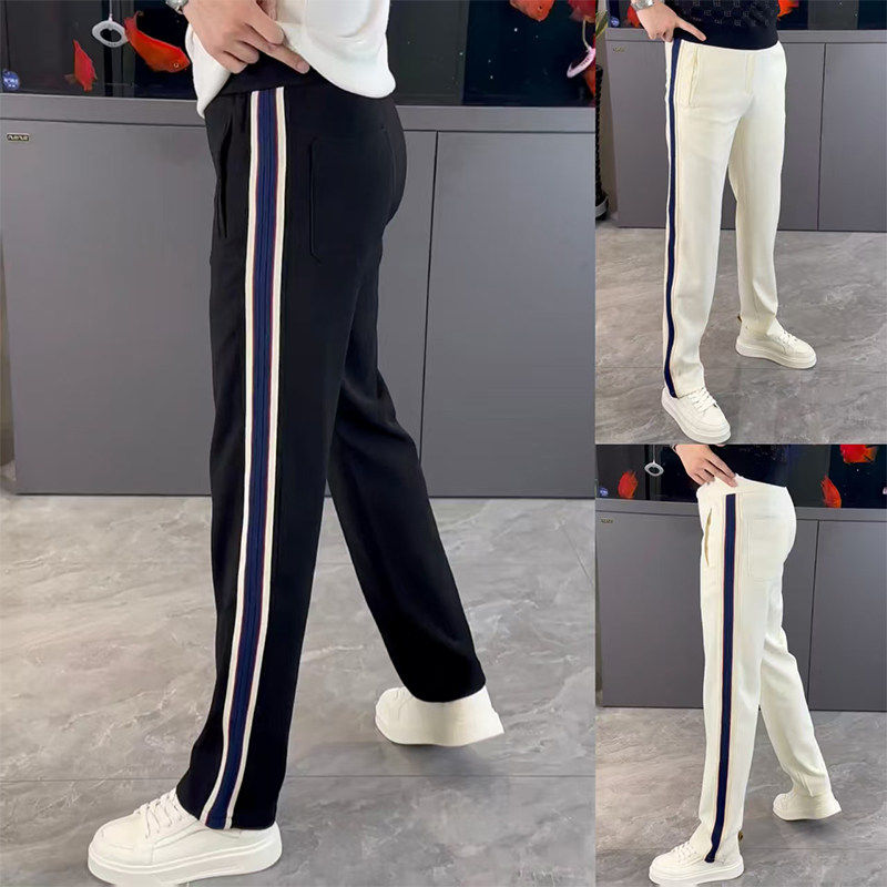 春夏新款高端帅气弹力休闲裤男潮牌欧货条纹卫裤百搭垂感小直筒裤