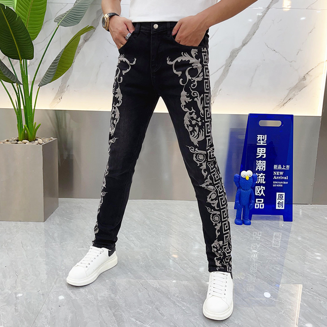花色帅气休闲潮牌黑色小脚裤