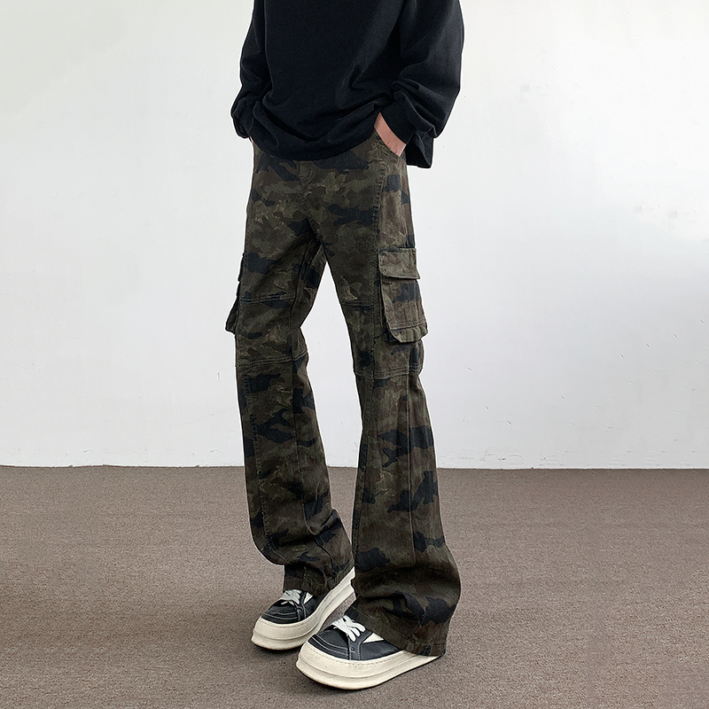 美式复古迷彩牛仔裤男款多口袋修身工装裤弹力显瘦微喇裤男女生潮