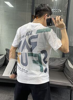 潮牌时尚天丝棉麻短袖t恤男士