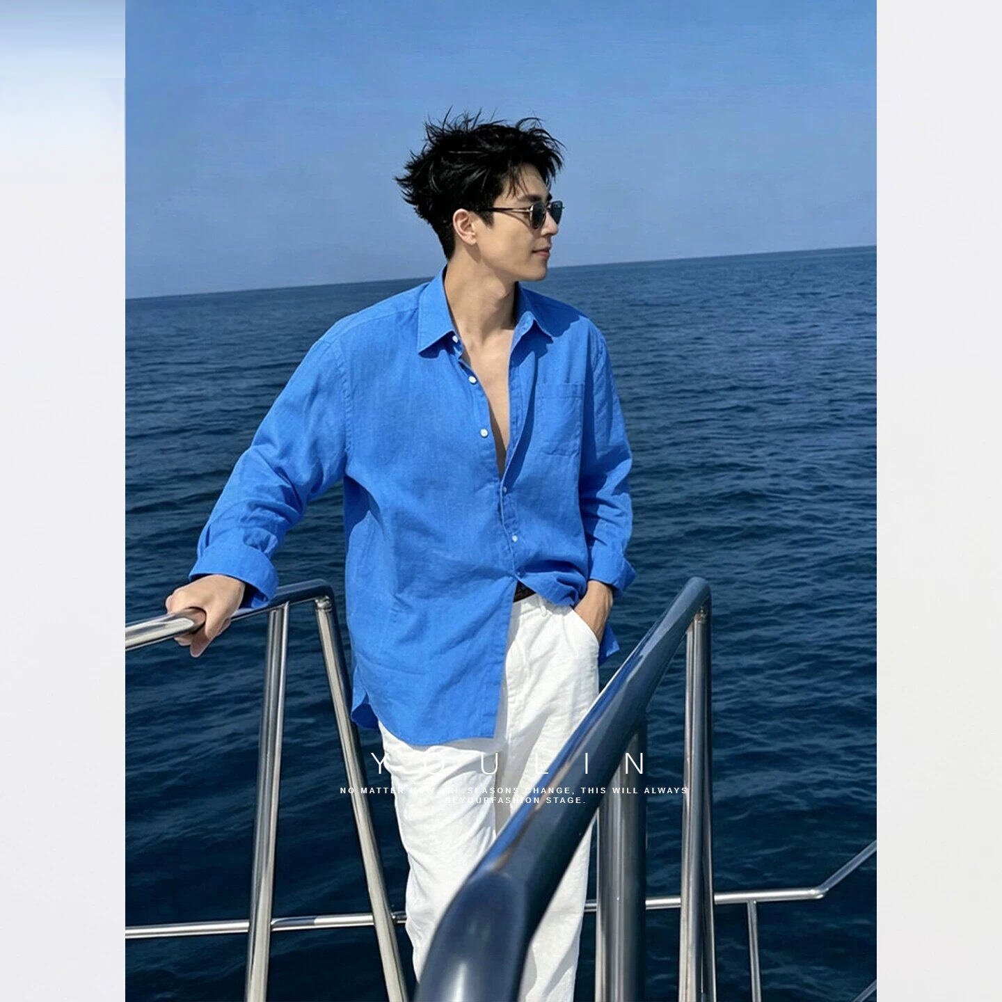 克莱因蓝亚麻长袖衬衫男款夏海边度假慵懒松弛感棉麻衬衣防晒外套