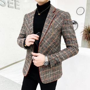 千鸟格毛呢西装外套男秋冬款韩版修身潮牌西服上衣英伦风休闲单西