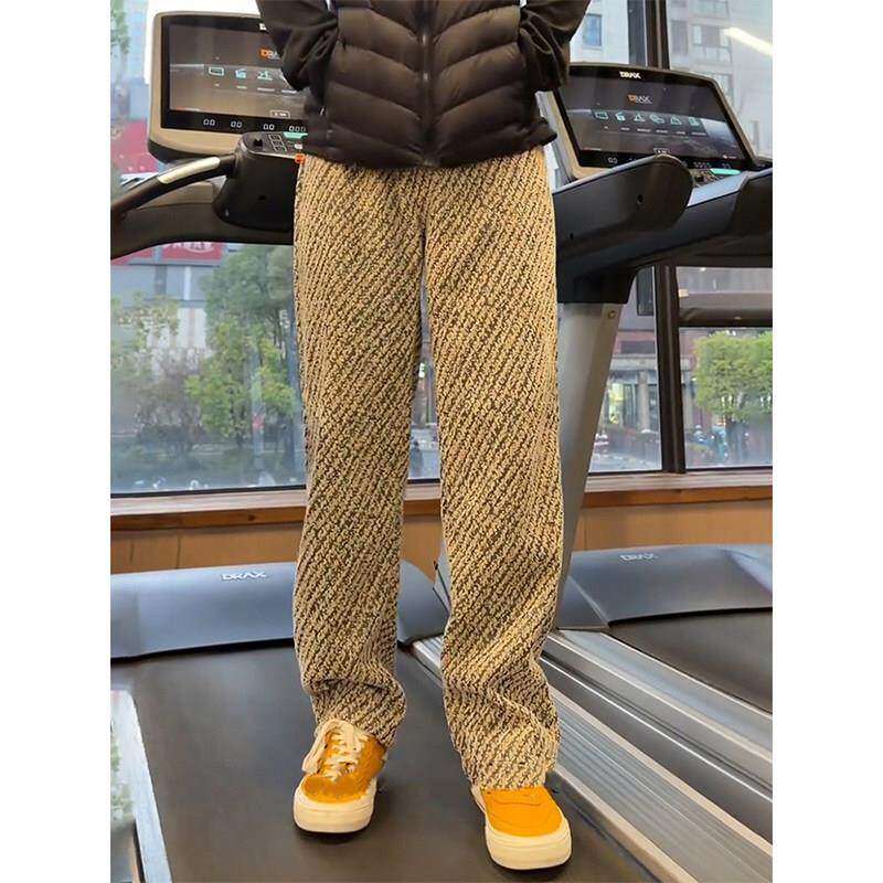 美拉德棕色粗花呢针织卫裤男款秋冬直筒加绒裤子运动健身休闲长裤