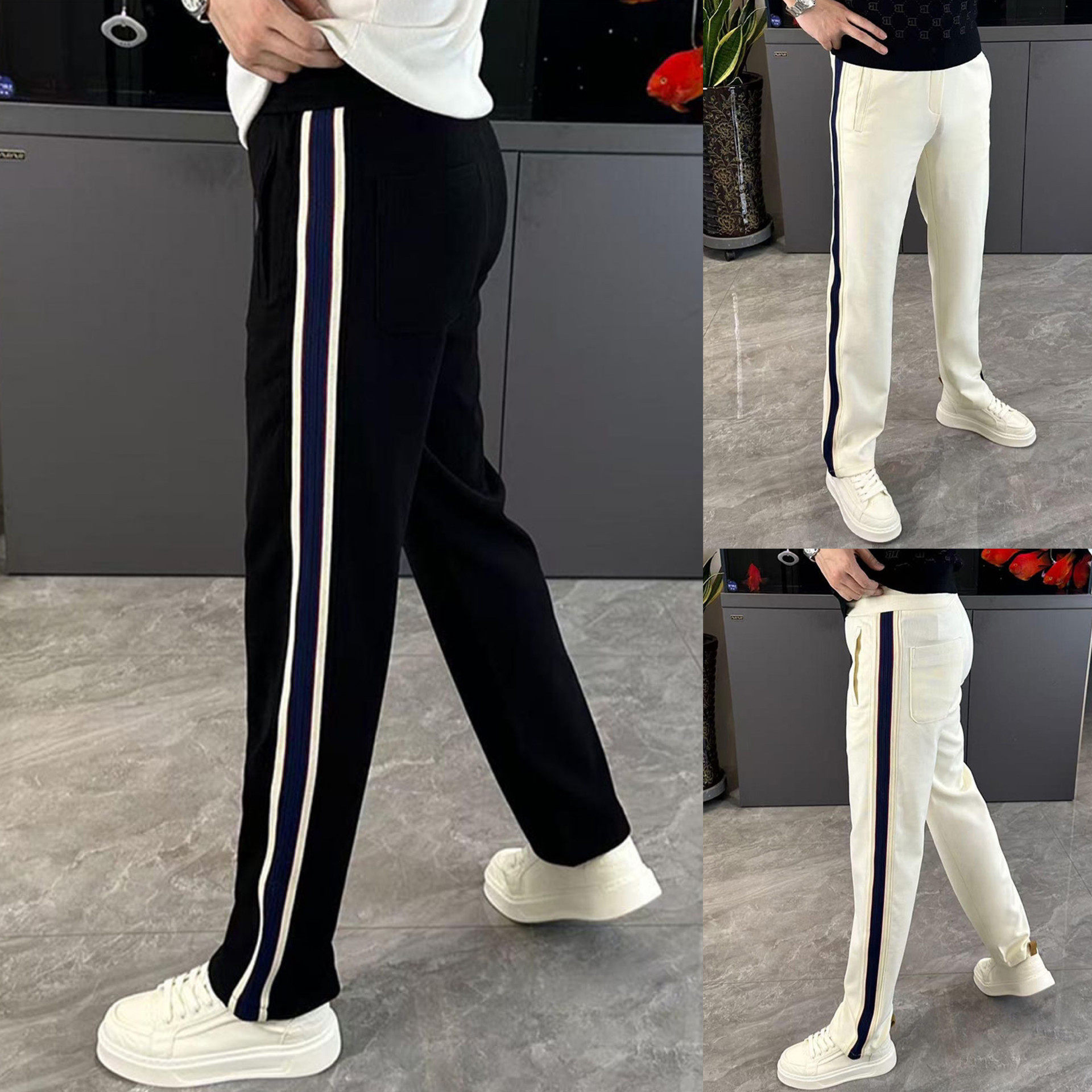 秋冬宽松运动休闲裤男士高街慵懒风条纹直筒长裤简约舒适中腰卫裤