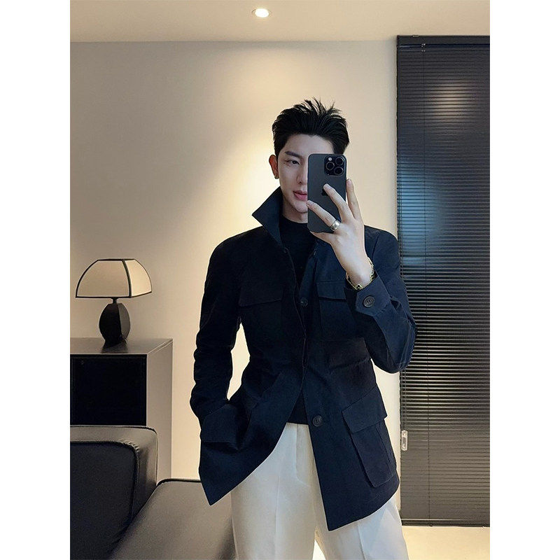 雅痞风男装藏青色猎装夹克男秋季穿搭收腰上衣短款高级感风衣外套