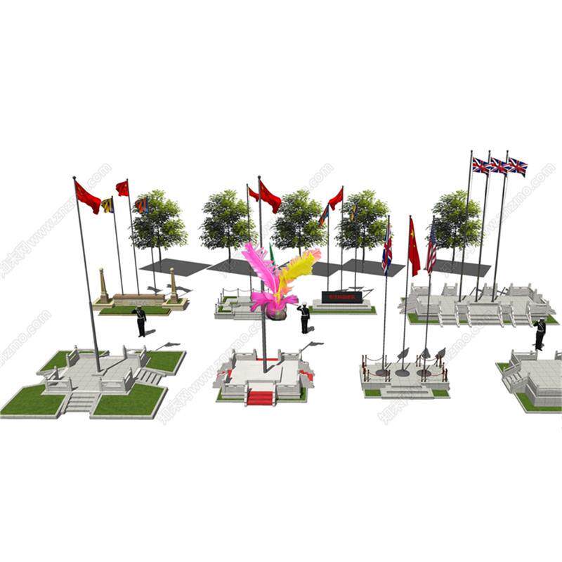 草图大师0727现代旗台 旗杆 旗 升旗台 旗台 汉白玉栏杆SU模型