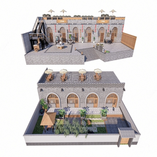 草图大师 SU模型 陕北乡村景观中式窑洞民宿北方窑洞灰砖窑洞平顶