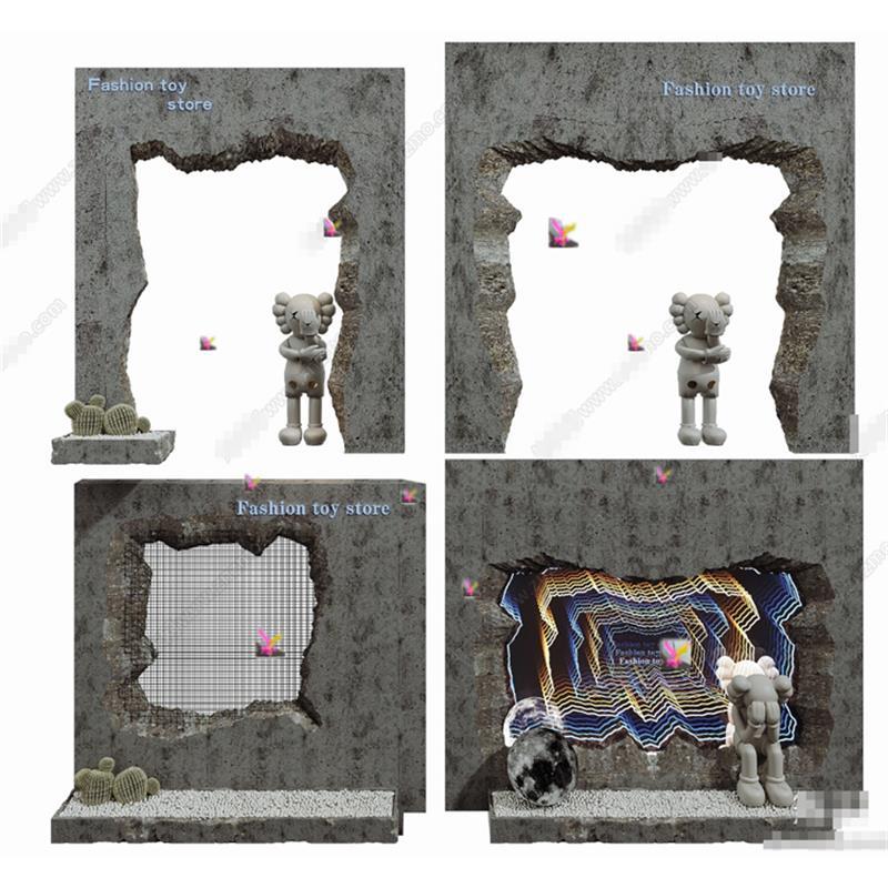 4976工业风破损墙 深渊镜背景墙 混凝墙腐蚀墙面 鹅卵石 SU模型