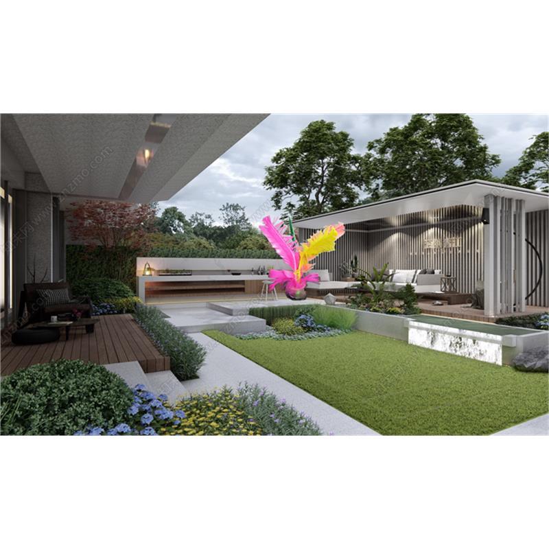 草图大师0795 现代庭院花园 廊架 沙发吧台 吊椅水景 大门SU模型